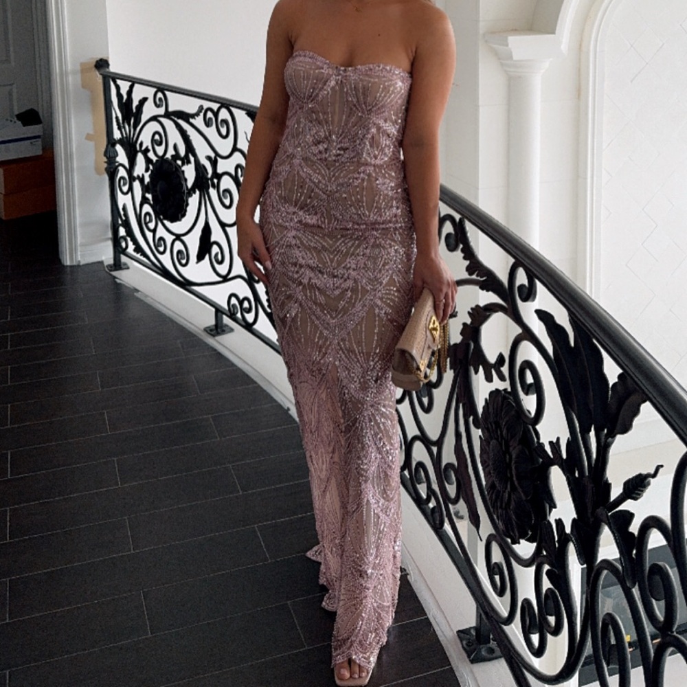 **SOLD** Bronx and Banco Blush/Pink Sequin Strapless Gown